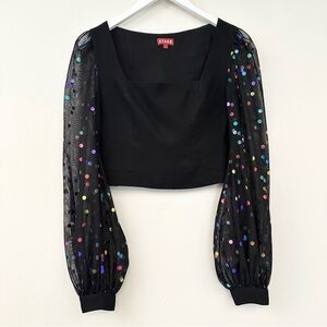 Staud Sway Metallic Polka Dot Crepe Blouse Top in Black/Rainbow